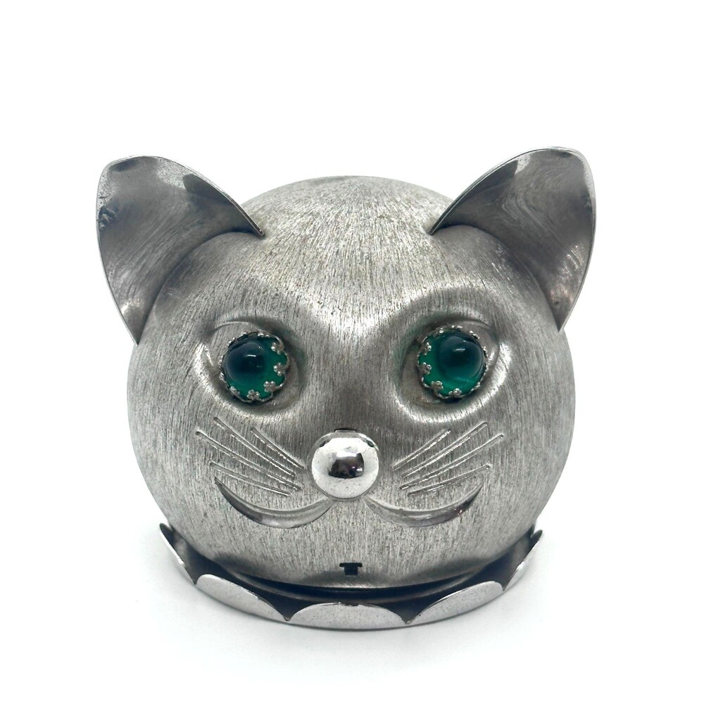 Vintage Metal Cat Head Coin Bank Silver Tone Green Eyes Napier 1950s Piggy Bank